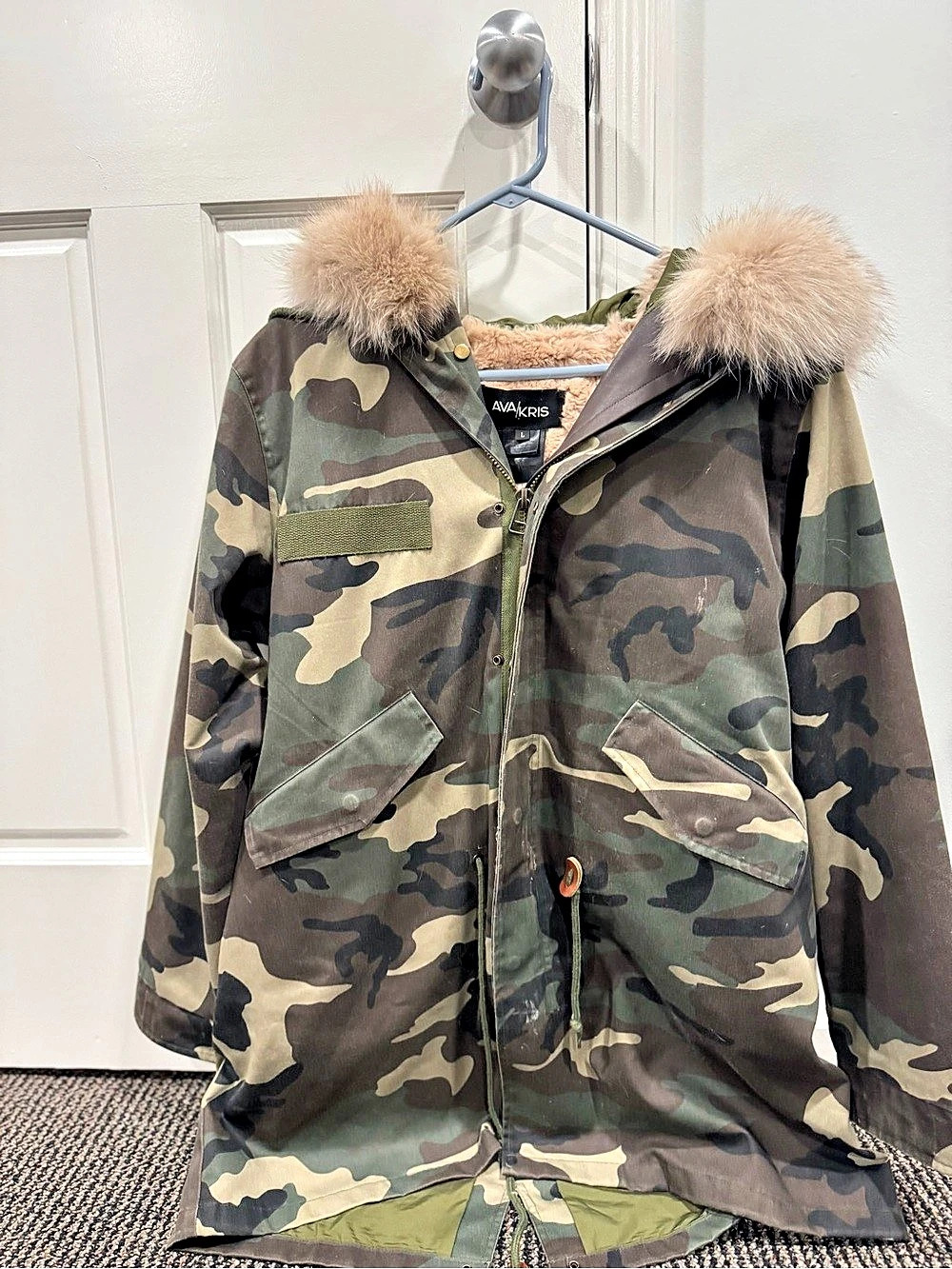AVA KRIS Camo Faux Fur Lined Parka Jacket Size Large